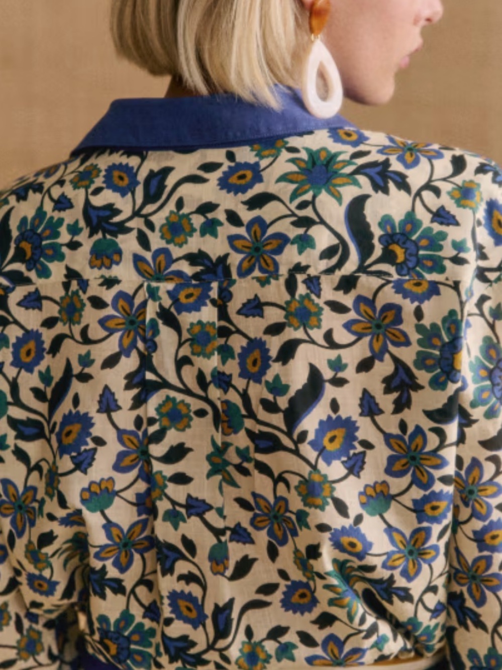 Sézane x Momoni Sz 44 / US 12 Blouse Blue Mustard Black Floral Button-Front Top - Picture 3 of 10